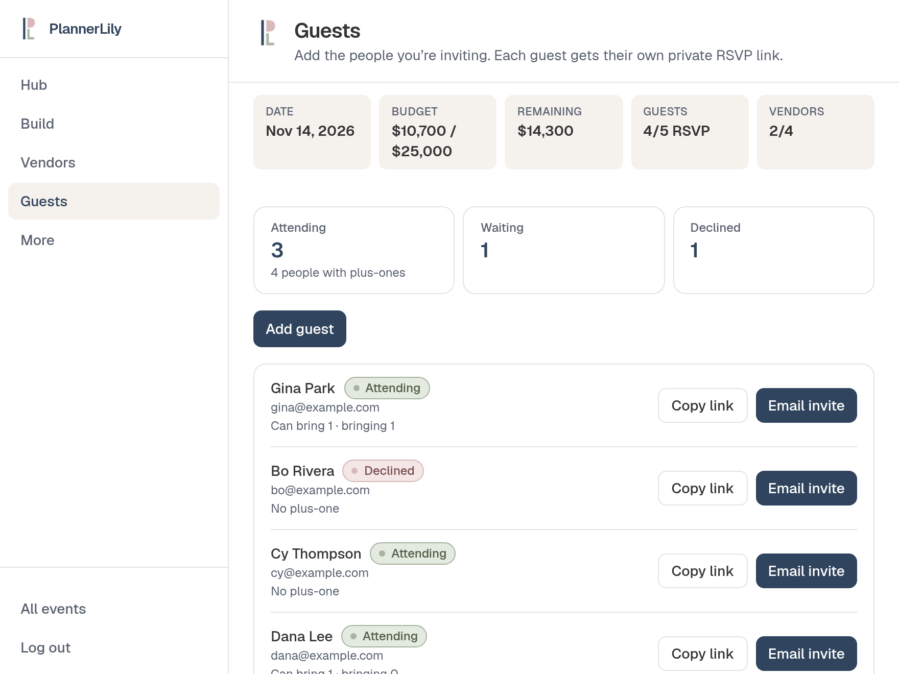 Guest list with Attending, Declined and Waiting status pills