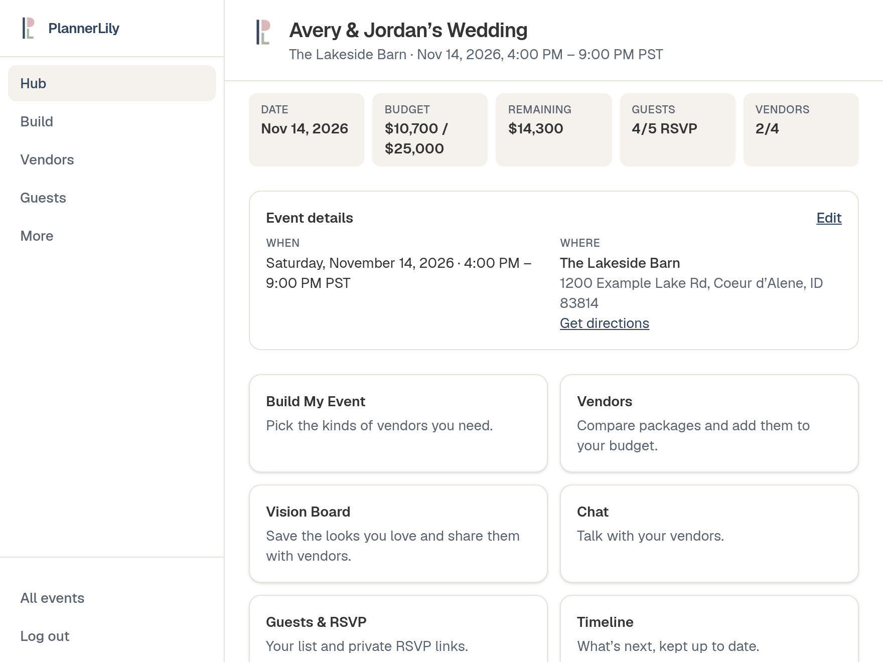 Event Hub with the date, time, venue and address, budget, and next tasks