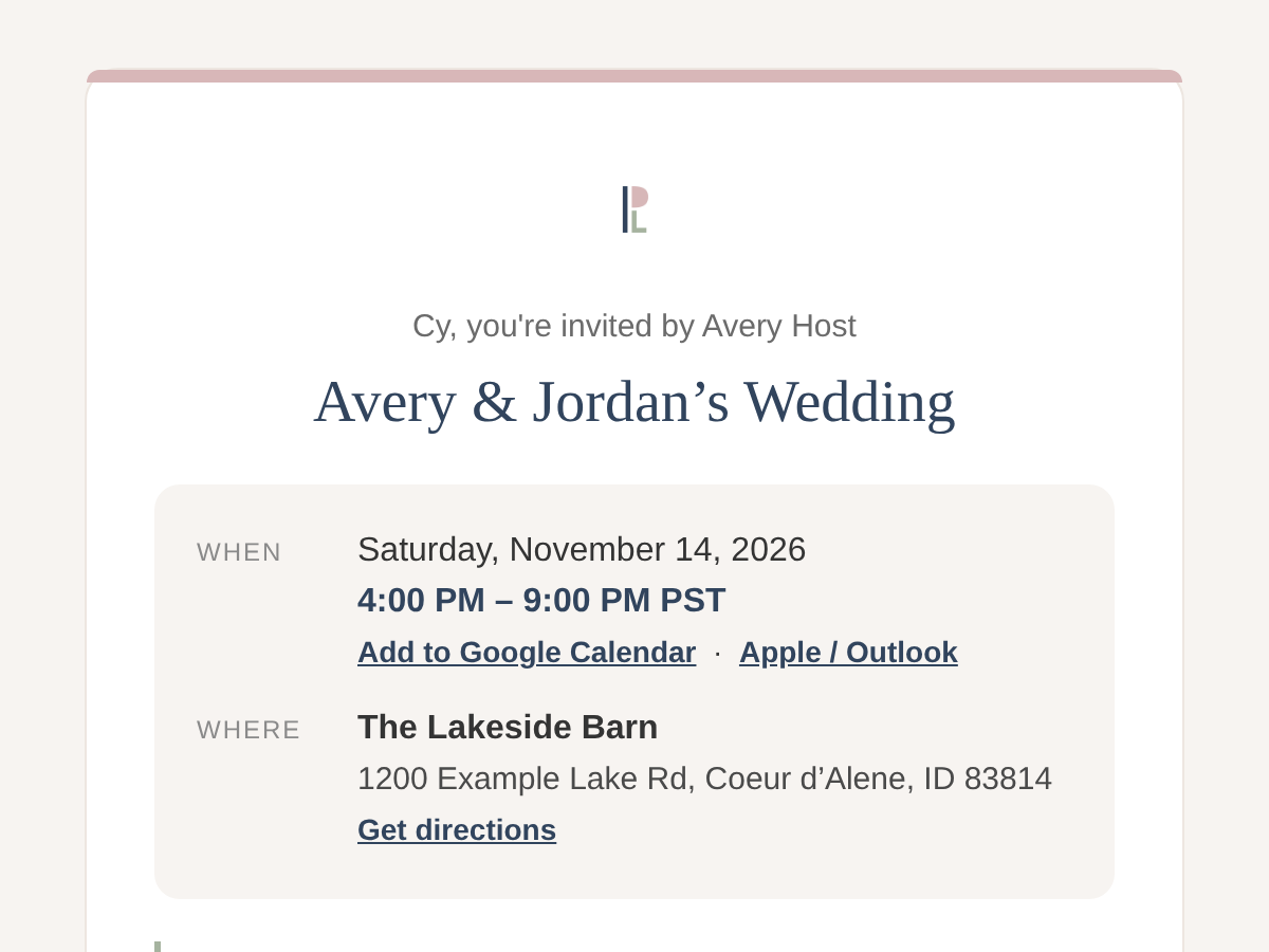 Branded invite email with date and time, venue address, directions, and an RSVP button